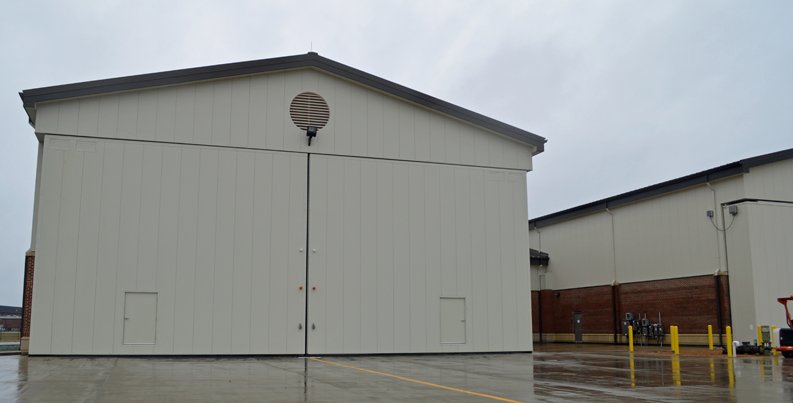 Front view of the F22 Paint Booth Hangar at Langley AFB, Virgina.