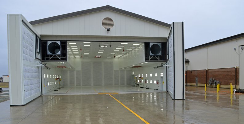 Doors open on the F22 Paint Booth Hangar at Langley AFB, Virginia. 
